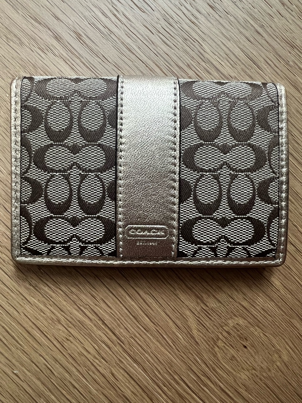 🆕 Authentic Coach Signature Jacquard Bifold Card Case in Brown and Gold